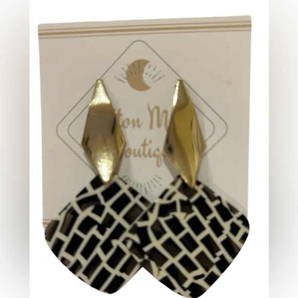 Gold and Black Geometric Earrings with post back - Picture 2 of 2